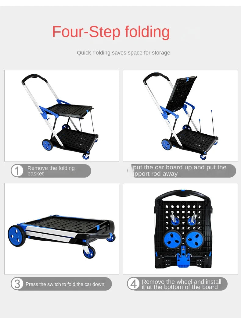 Folding Shopping Cart,100 lbs Capacity Grocery Cart on Wheels Foldable, Platform Hand Truck with Storage Crate