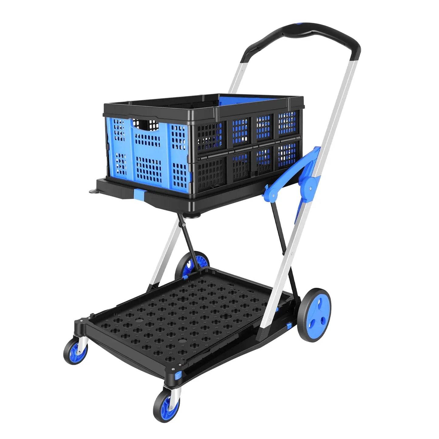 Functional New Double Decker Foldable Cart Grocery Trolley Folding Shopping Cart Two Tier Collapsible Cart with One Crate