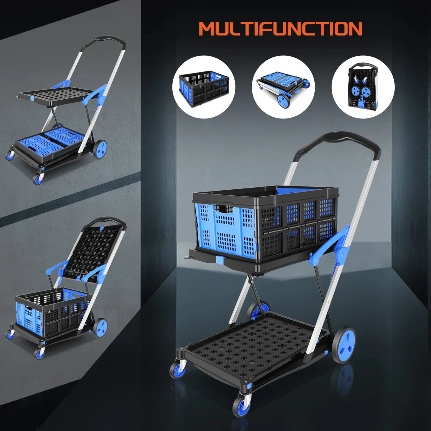 Functional New Double Decker Foldable Cart Grocery Trolley Folding Shopping Cart Two Tier Collapsible Cart with One Crate