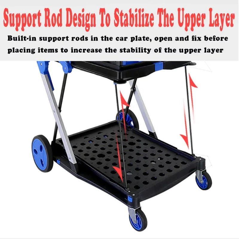 Functional New Double Decker Foldable Cart Grocery Trolley Folding Shopping Cart Two Tier Collapsible Cart with One Crate