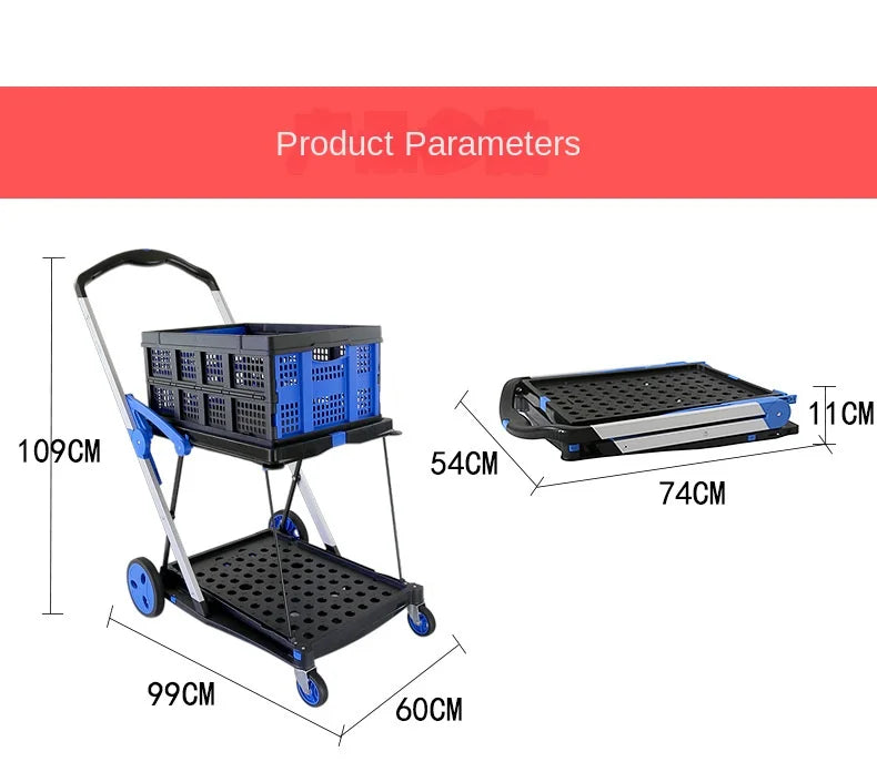 Folding Shopping Cart,100 lbs Capacity Grocery Cart on Wheels Foldable, Platform Hand Truck with Storage Crate