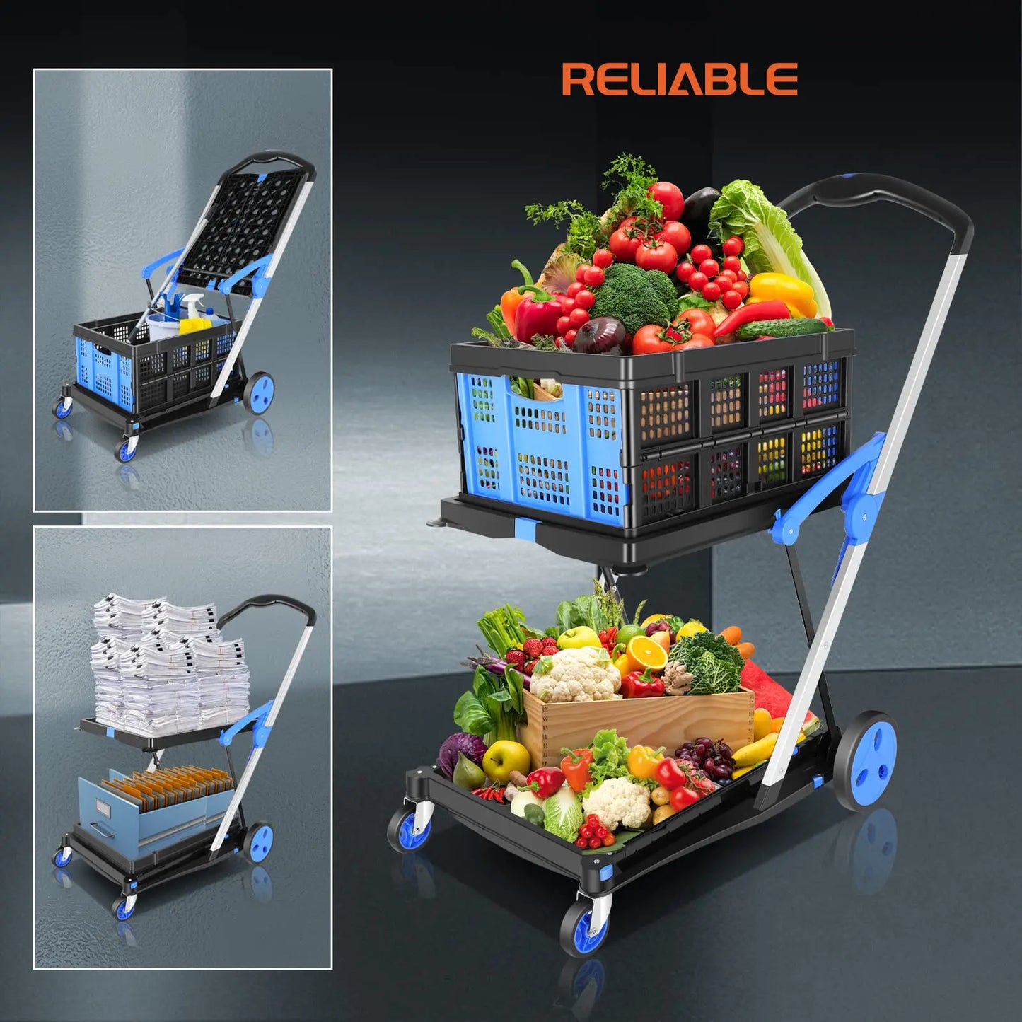 Functional New Double Decker Foldable Cart Grocery Trolley Folding Shopping Cart Two Tier Collapsible Cart with One Crate