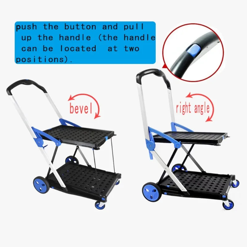 Functional New Double Decker Foldable Cart Grocery Trolley Folding Shopping Cart Two Tier Collapsible Cart with One Crate