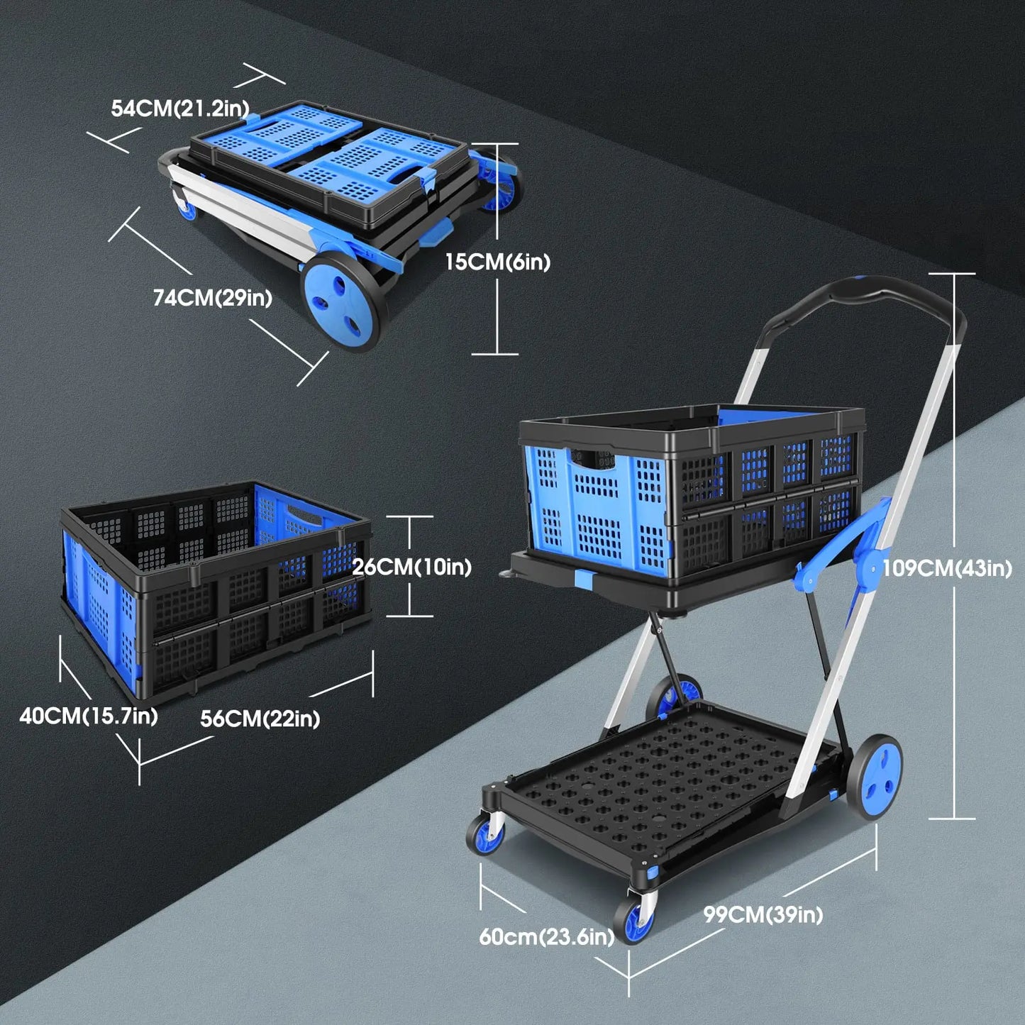 Functional New Double Decker Foldable Cart Grocery Trolley Folding Shopping Cart Two Tier Collapsible Cart with One Crate